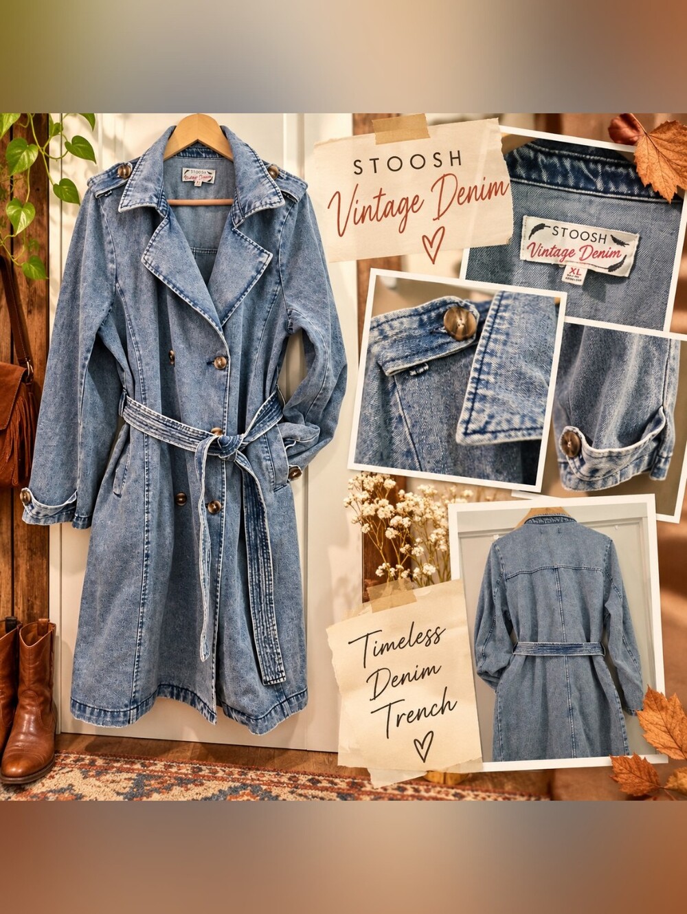 Stoosh Vintage Denim XL Acid Wash Denim Trench Coat Belted Long Jacket